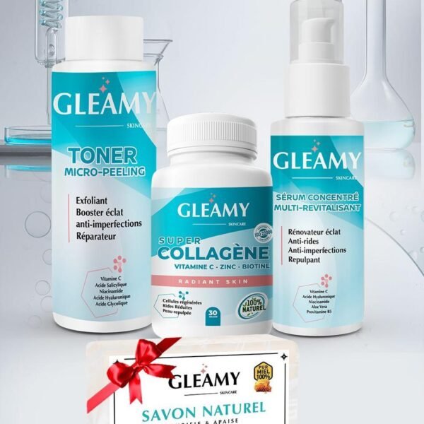 GLEAMY ROUTINE PEAU COMPLETE TONER 100L + COLLAGENE BOITE De 30 GELULES+SERUM 50ml = SAVON OFFERT